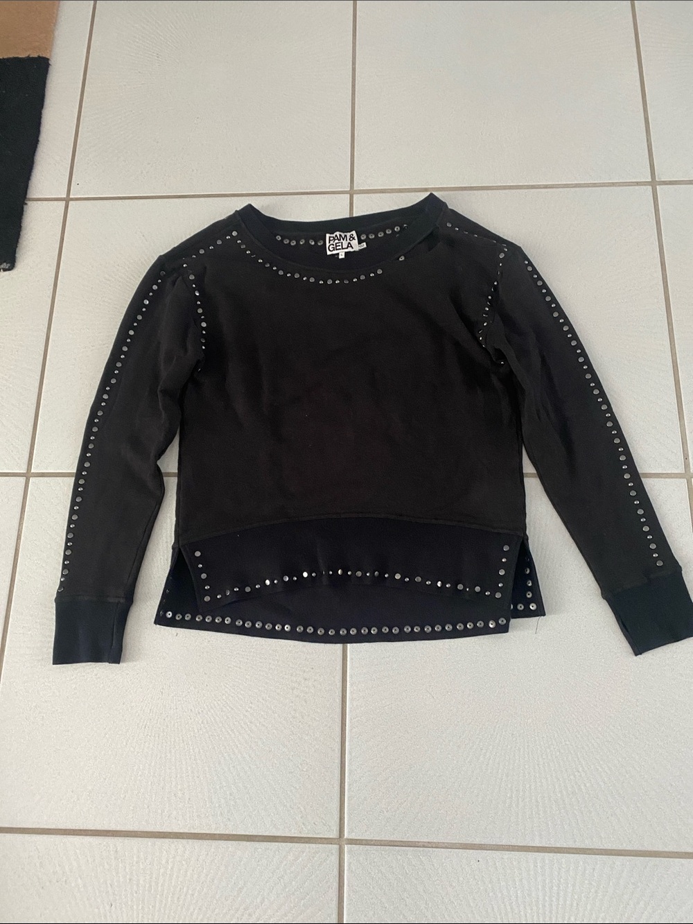 Vintage Pam & Gela Black grommet Studded Layered-Hem Sweatshirt large. Rare